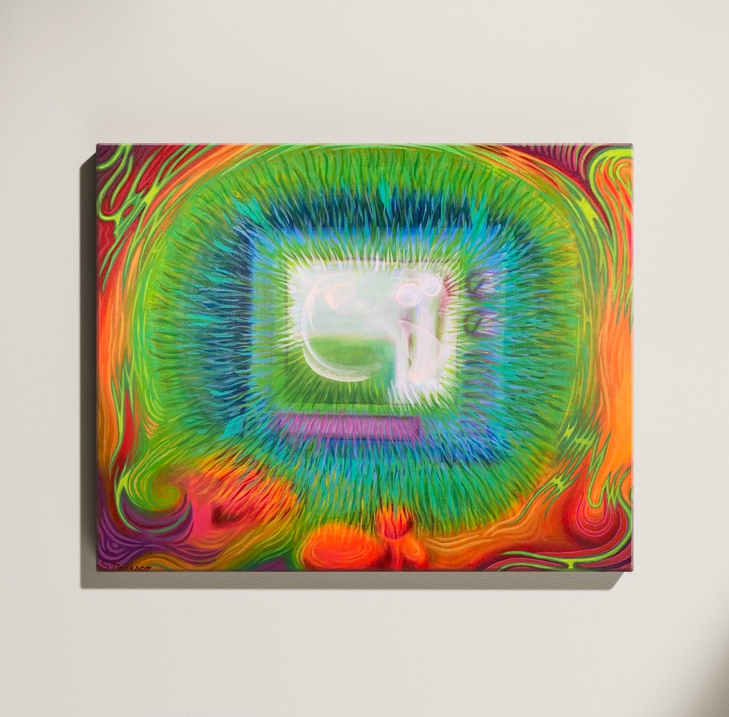 Colorful abstract art piece on a white background. Rainbow long brushstrokes going in a bunch of different directions. Vintage TV shape in the center of the painting.