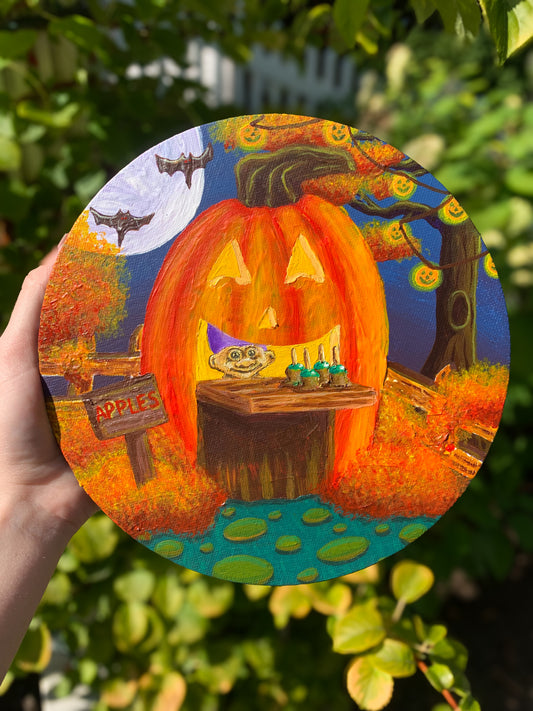 Mr.Troll’s Jack O Lantern Apple Station, 8”x8” Original Painting