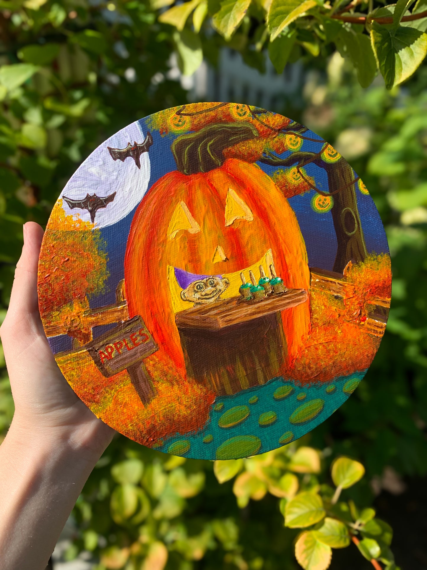 Mr.Troll’s Jack O Lantern Apple Station, 8”x8” Original Painting