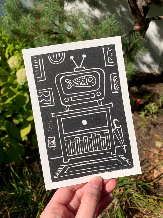 Retro TV Fish, 4”x6” Original Linocut Print