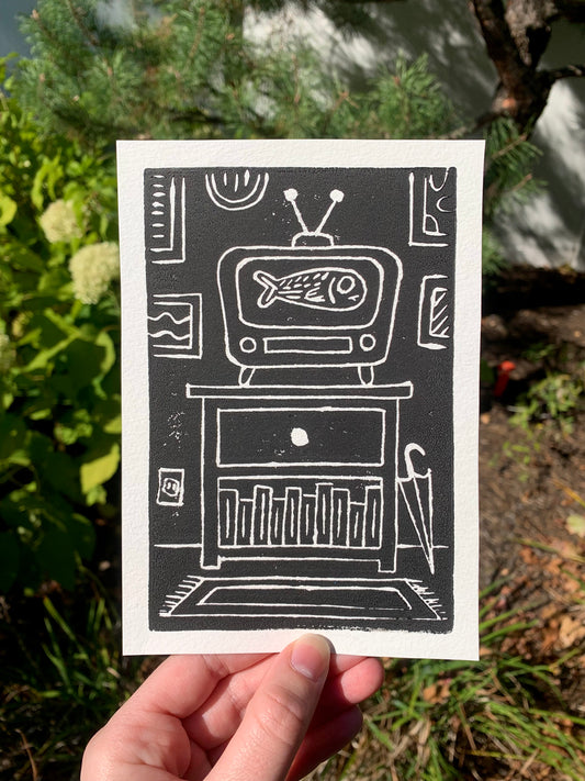 Retro TV Fish, 4”x6” Original Linocut Print