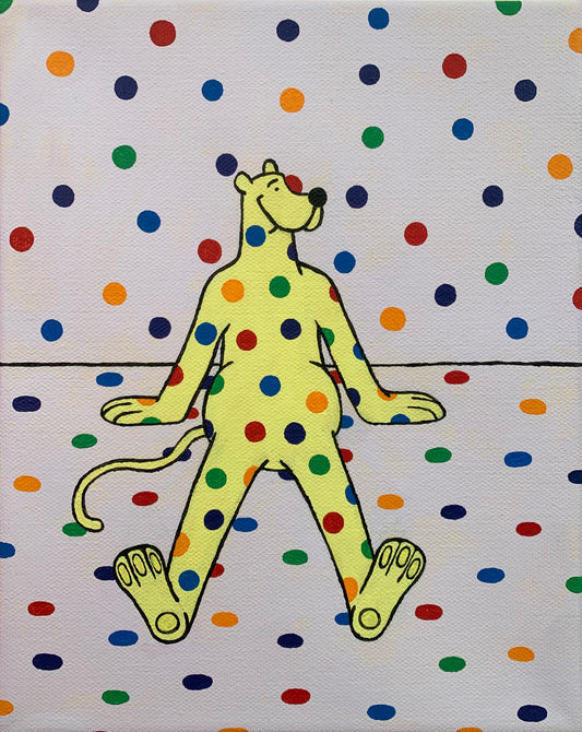 Yellow cartoon leopard character with rainbow polka dot pattern on a polka dot background sitting on the ground