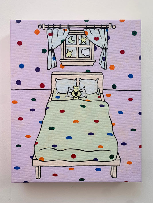 Canvas painting on a white wall of a cartoon bedroom with rainbow polka dot walls, bed, and window with curtains and a moon outside. Sleeping leopard in the bed.
