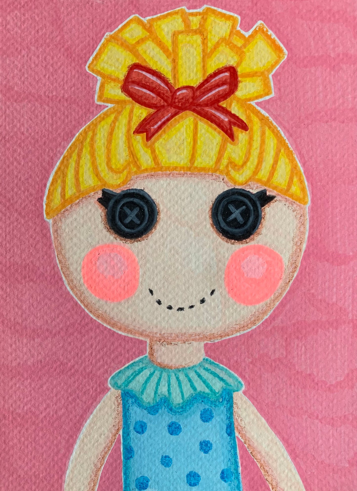 Illustration of a cartoon character with yellow hair and a red bow on a pink background