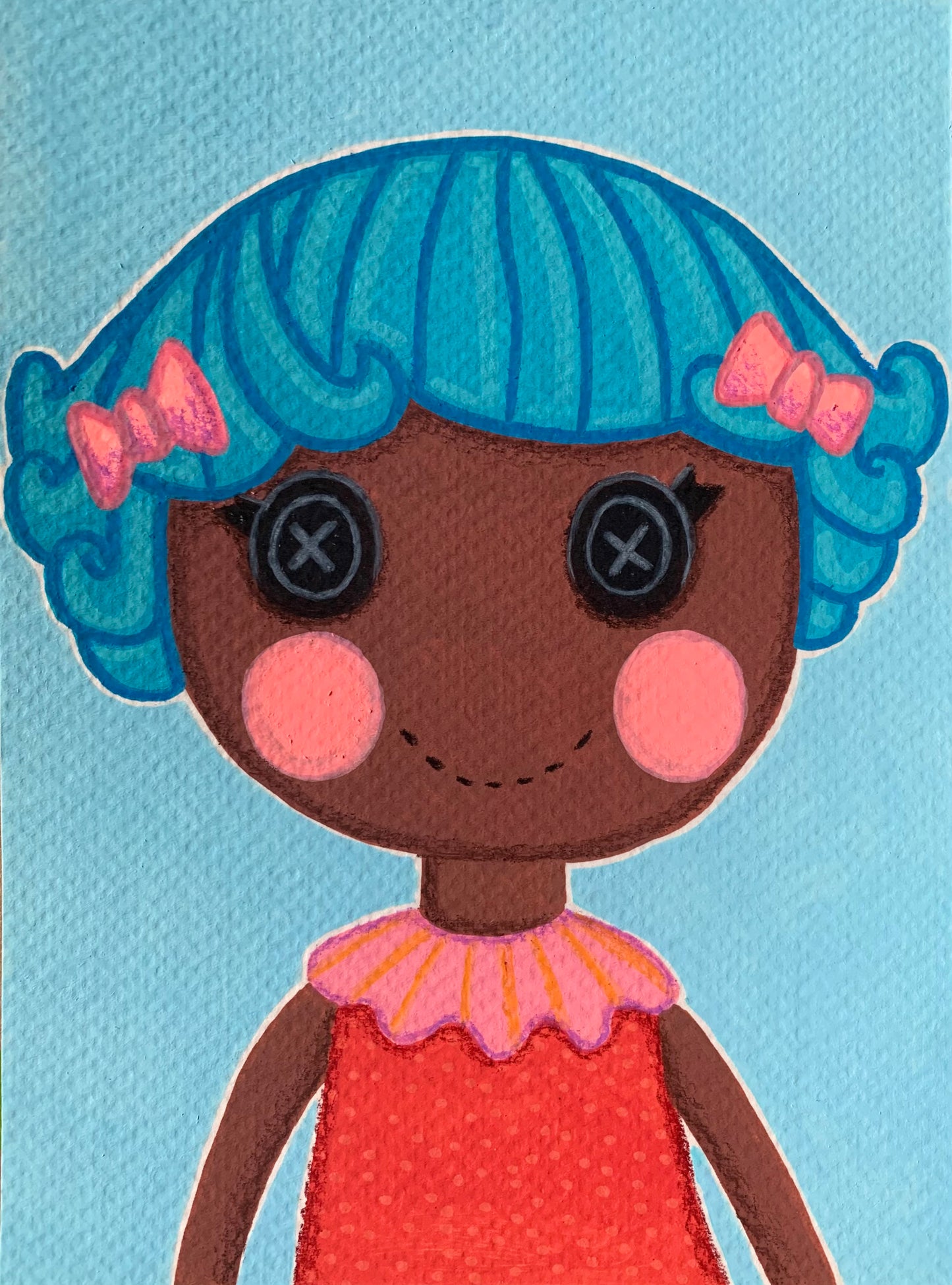 Cartoon character with blue hair, pink bows, and a red dress on a light blue background