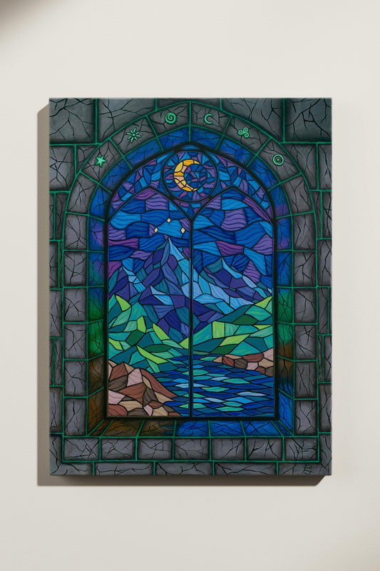 Stained glass window painting with a landscape design featuring a moon, mountains, trees, and water in a stone castle. Displayed on a white wall.