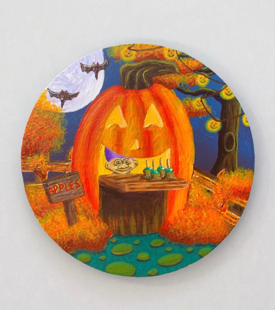 Mr.Troll’s Jack O Lantern Apple Station, 8”x8” Original Painting