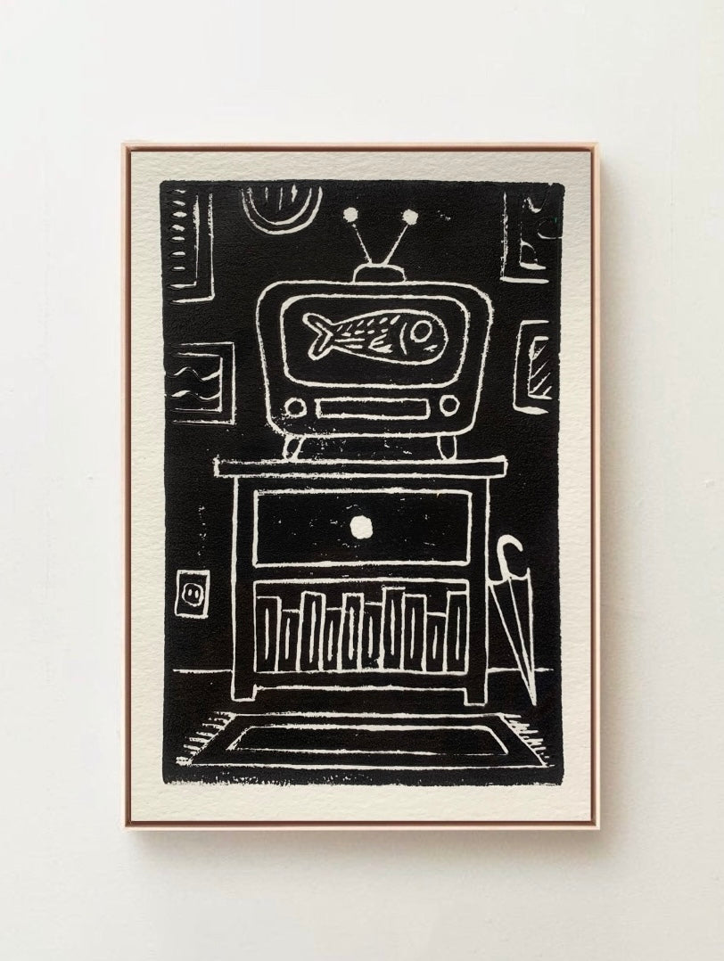 Retro TV Fish, 4”x6” Original Linocut Print