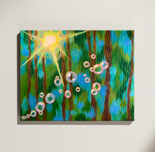 Abstract painting of a green and blue forest with brown tree shaped trunks and a glowing yellow sun shining through the branches. Rainbow bubbles scattered across the foreground. Displayed on a white background.