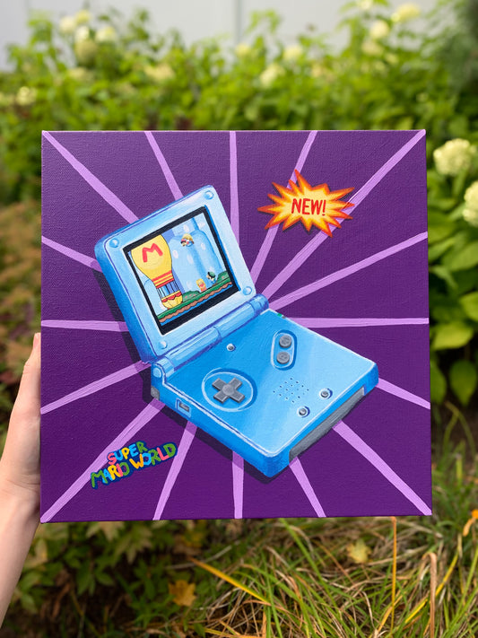 My Childhood Game Boy Ft. Super Mario World, 12”x12” Original Painting