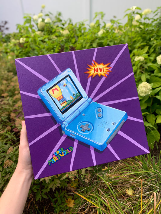 My Childhood Game Boy Ft. Super Mario World, 12”x12” Original Painting