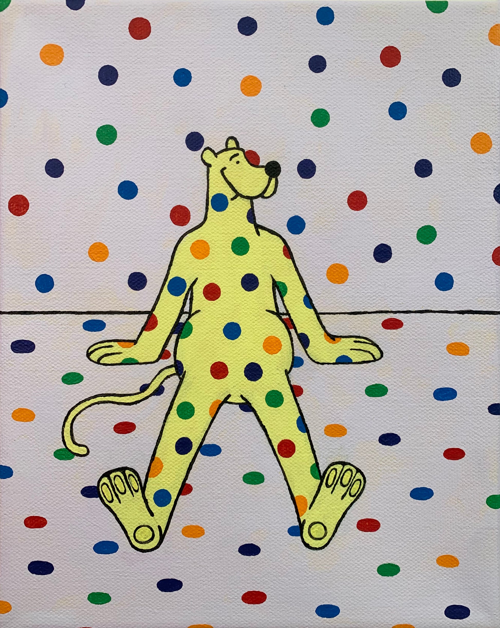 Yellow cartoon leopard character with rainbow polka dot pattern on a polka dot background sitting on the ground