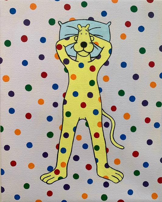 Yellow cartoon leopard laying on the ground with his head on a pillow. Rainbow spots are all over him and the background