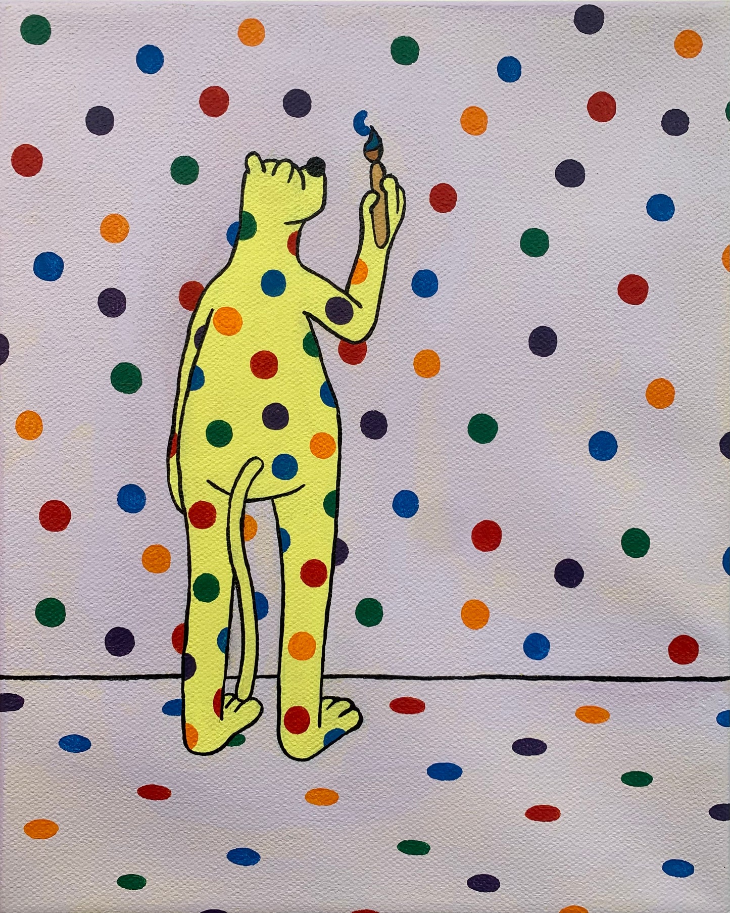 Yellow leopard covered in rainbow spots standings with his back facing us. He has a paintbrush in hand and is painting the spots on the wall.
