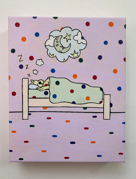 Canvas painting against a white wall of a sleeping yellow leopard under a blanket. Side view of the bed. Dream clouds with an image of a moon a stars. Rainbow spots all over the background.