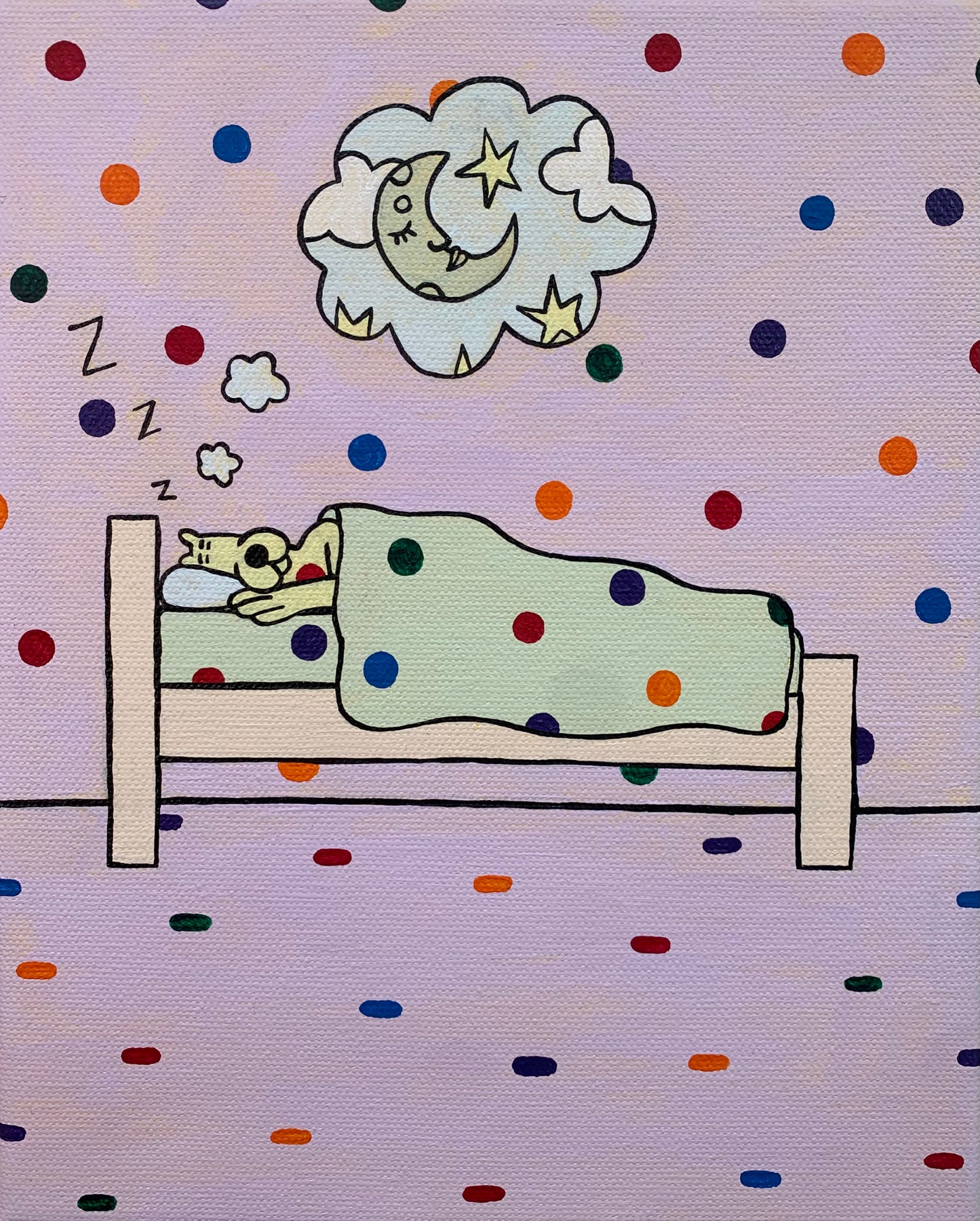 Sleeping yellow leopard under a blanket. Side view of the bed. Dream clouds with an image of a moon a stars. Rainbow spots all over the background.