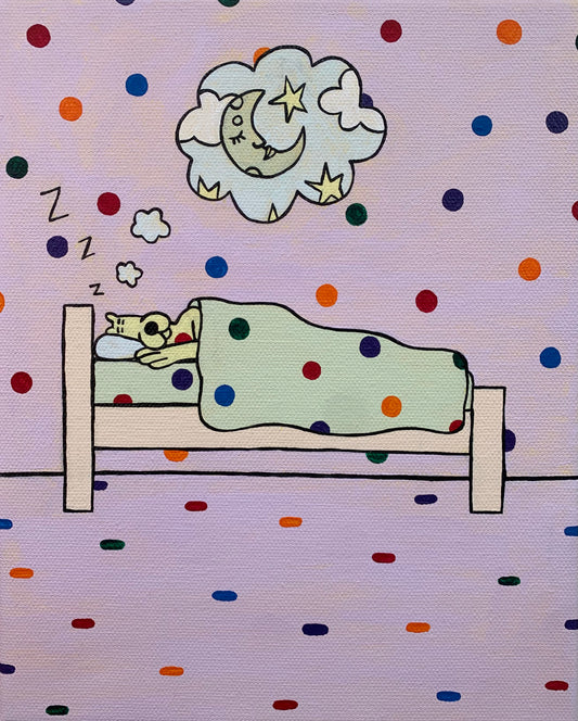 Sleeping yellow leopard under a blanket. Side view of the bed. Dream clouds with an image of a moon a stars. Rainbow spots all over the background.