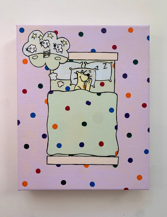 Canvas painting on a white background of a cartoon leopard sleeping in a bed. Overhead view. Dream bubble with the image of sheep jumping over a fence. Rainbow spots all over the background.