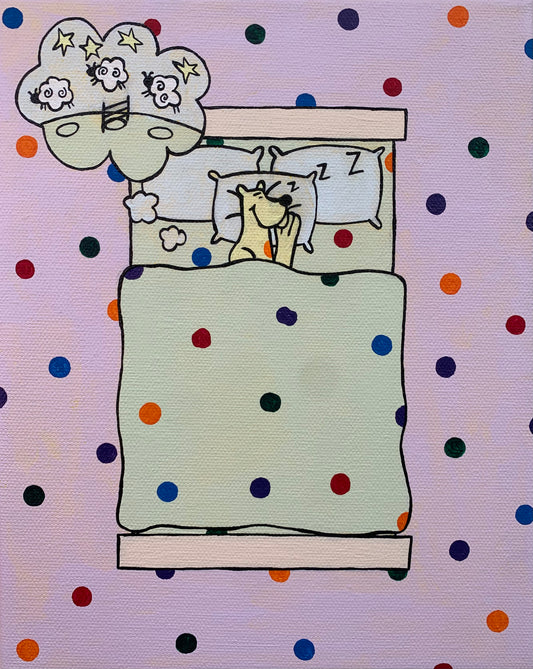 Cartoon leopard sleeping in a bed. Overhead view. Dream bubble with the image of sheep jumping over a fence. Rainbow spots all over the background.