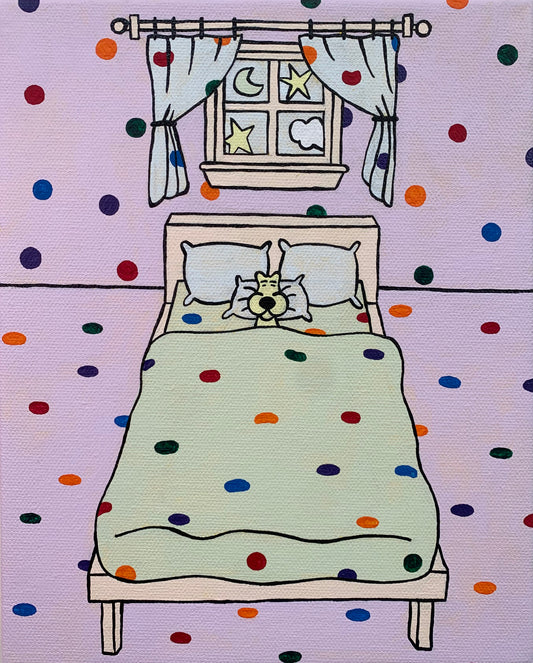 Cartoon bedroom with rainbow polka dot walls, bed, and window with curtains and a moon outside. Sleeping leopard in the bed. 