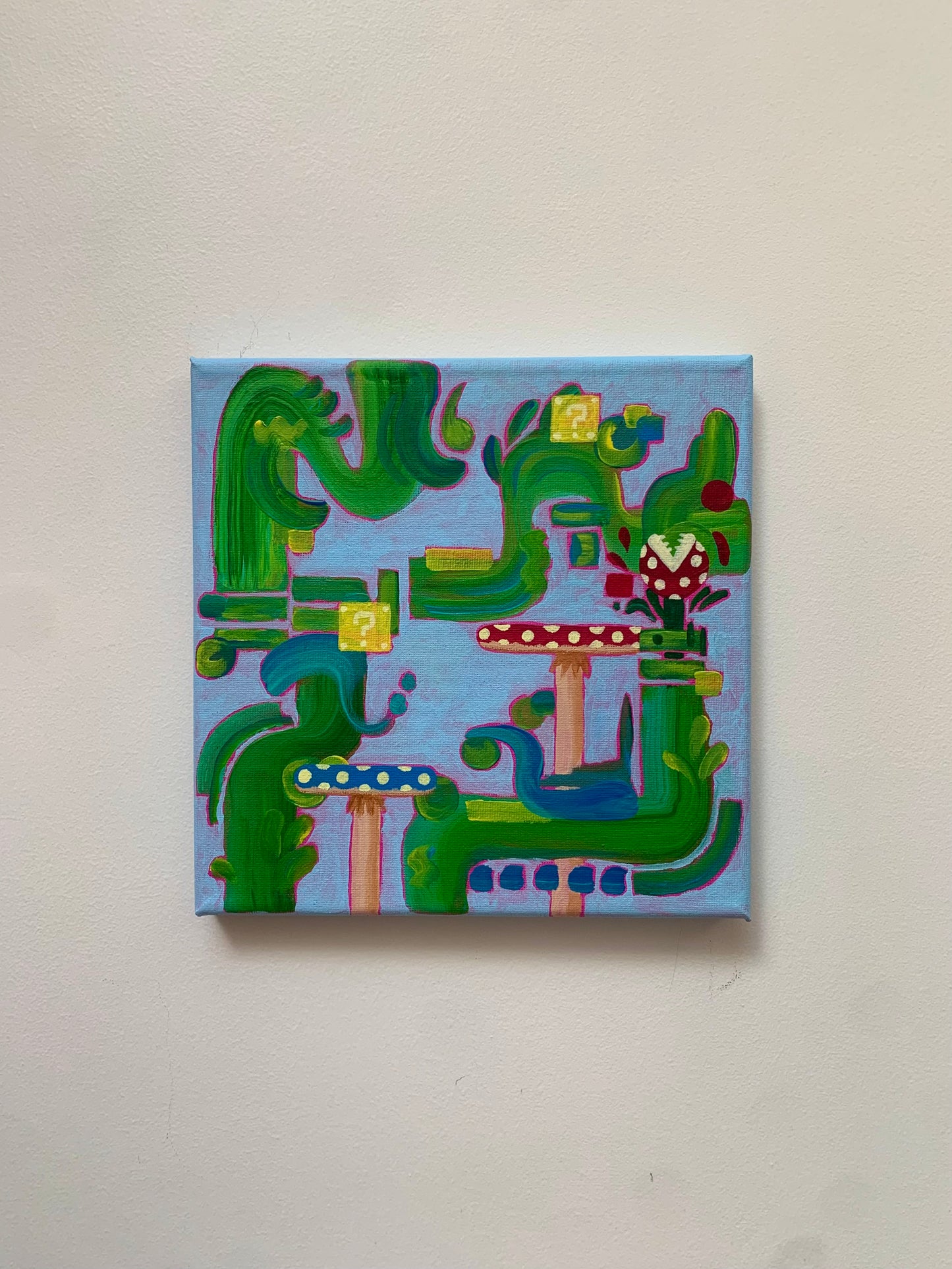 Abstract painting with green and blue shapes on a light gray background