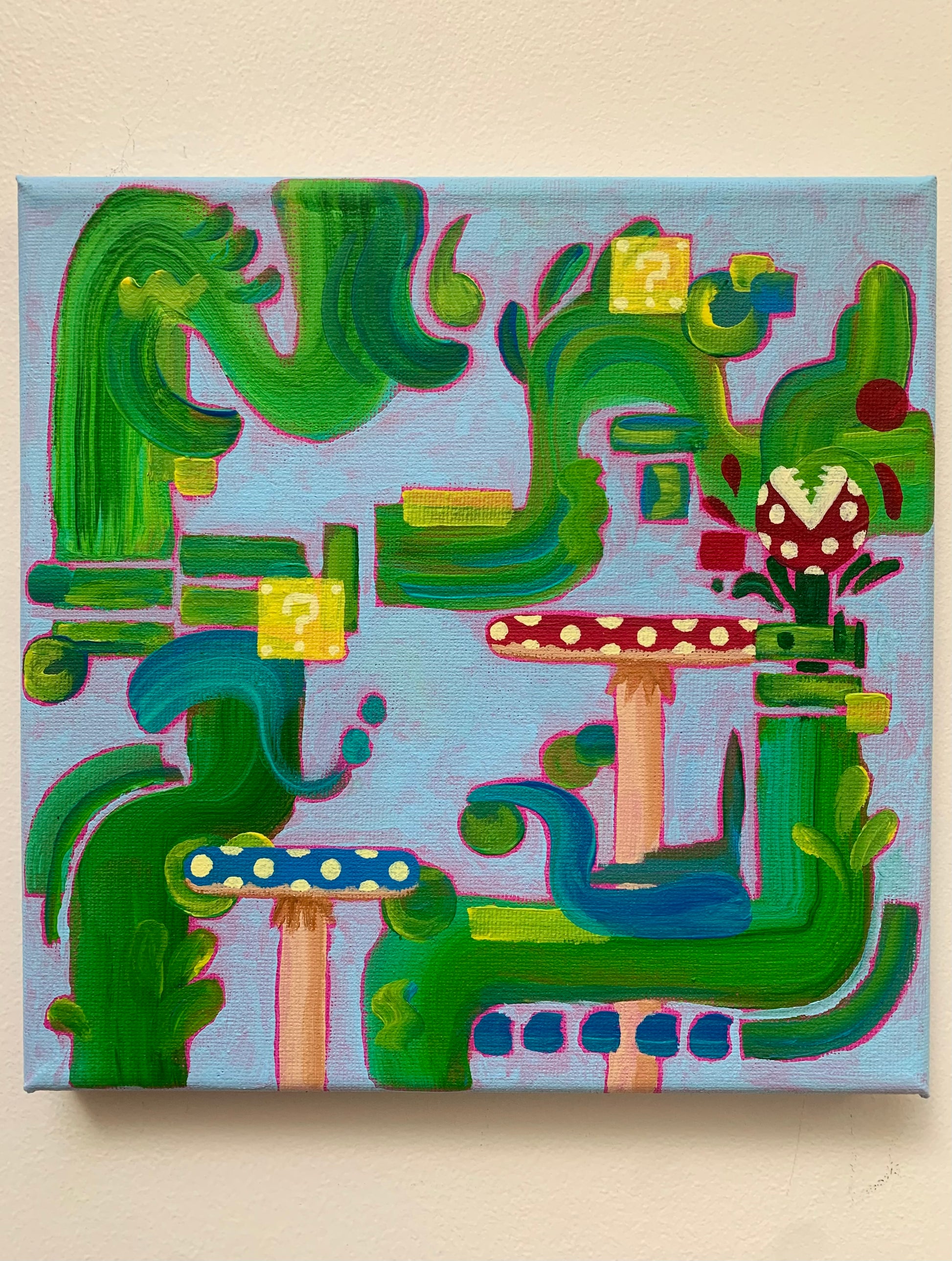 Abstract painting with green, blue, and pink shapes on a light blue background