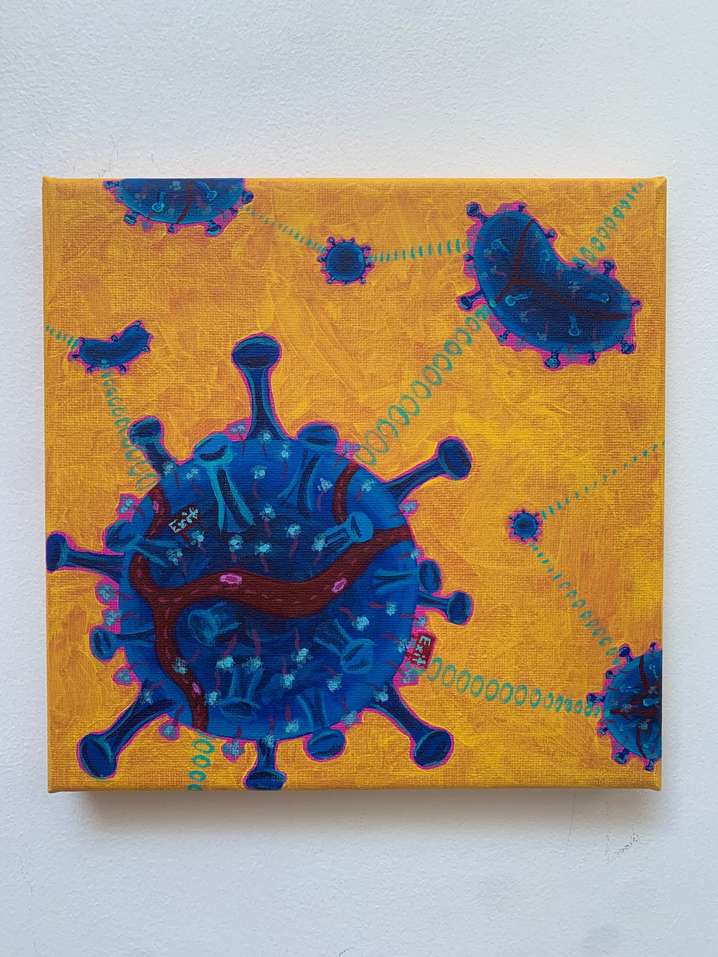 Canvas print of a stylized depiction of viruses on a yellow background