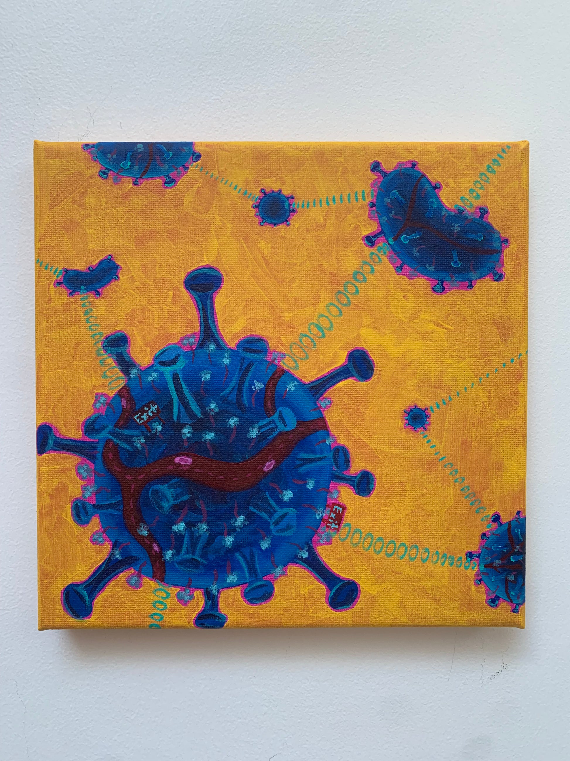 Canvas print of a stylized depiction of viruses on a yellow background