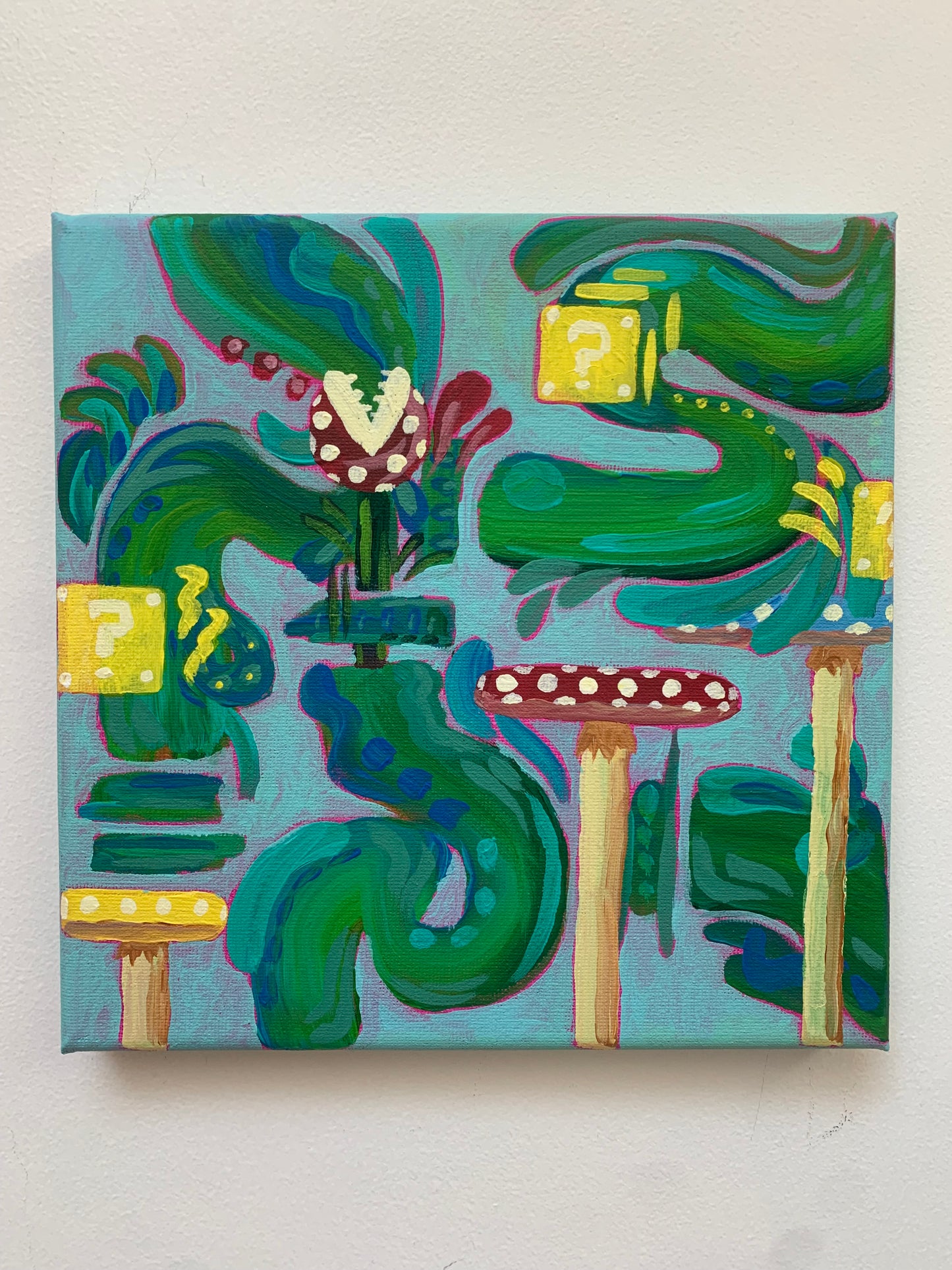 Abstract painting with green, blue, and yellow colors on a light gray background