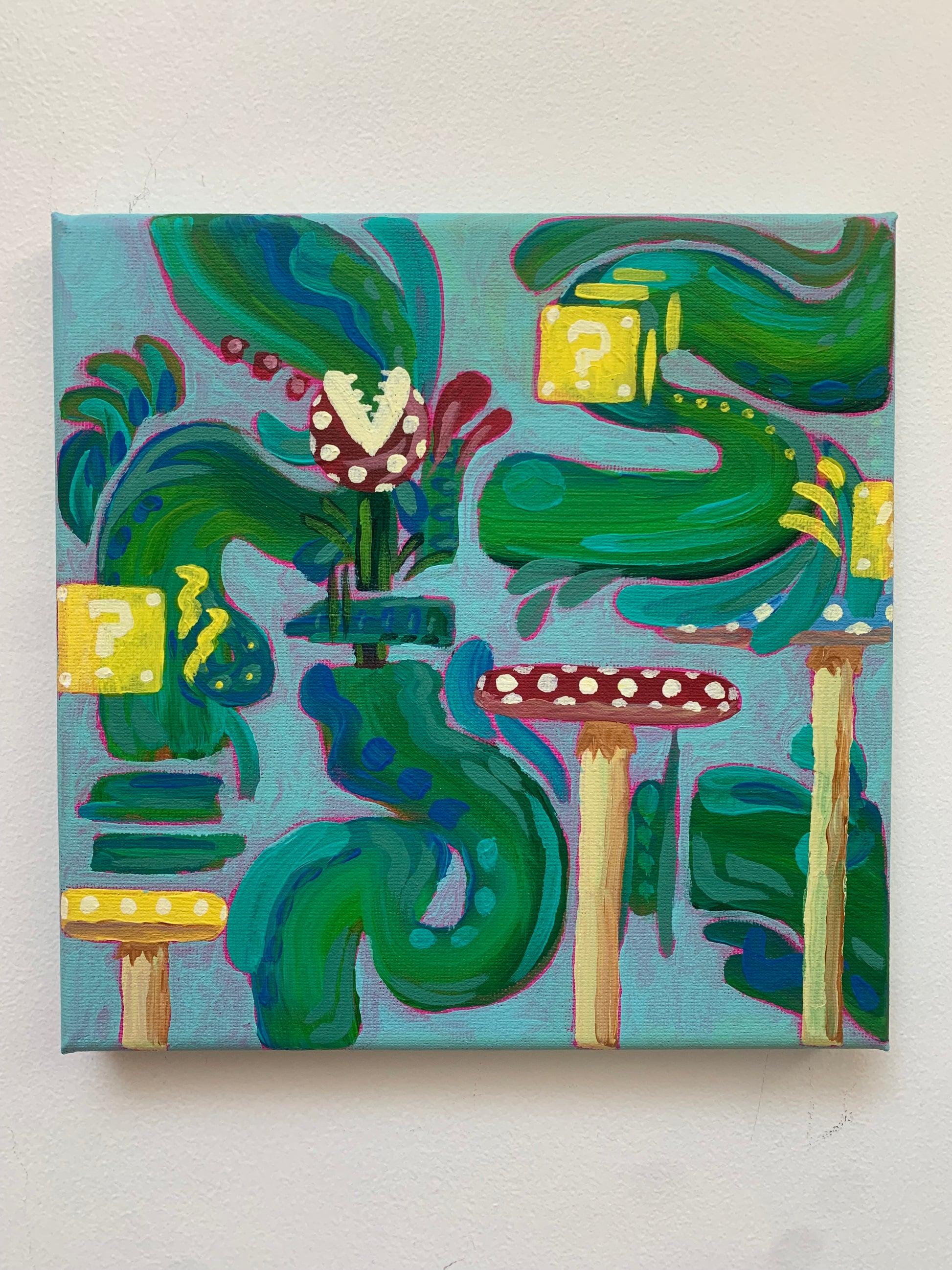 Abstract painting with green, blue, and yellow colors on a light gray background