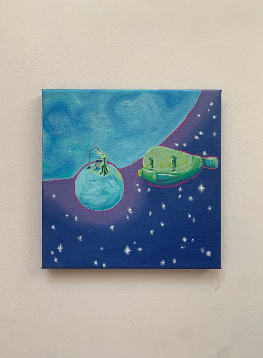 Canvas painting of a ship floating in space with stars on a beige wall.