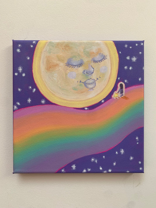 Canvas painting of a moon with facial features, a rainbow, and a small figure on a purple background.