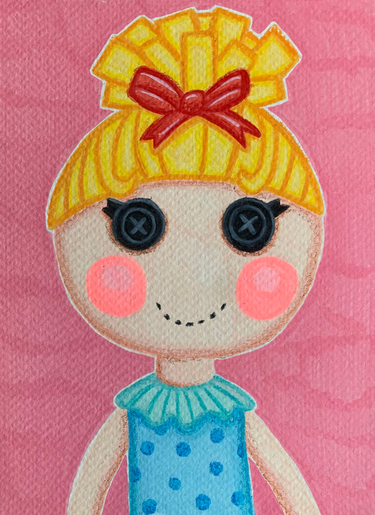Illustration of a cartoon character with yellow hair and a red bow on a pink background