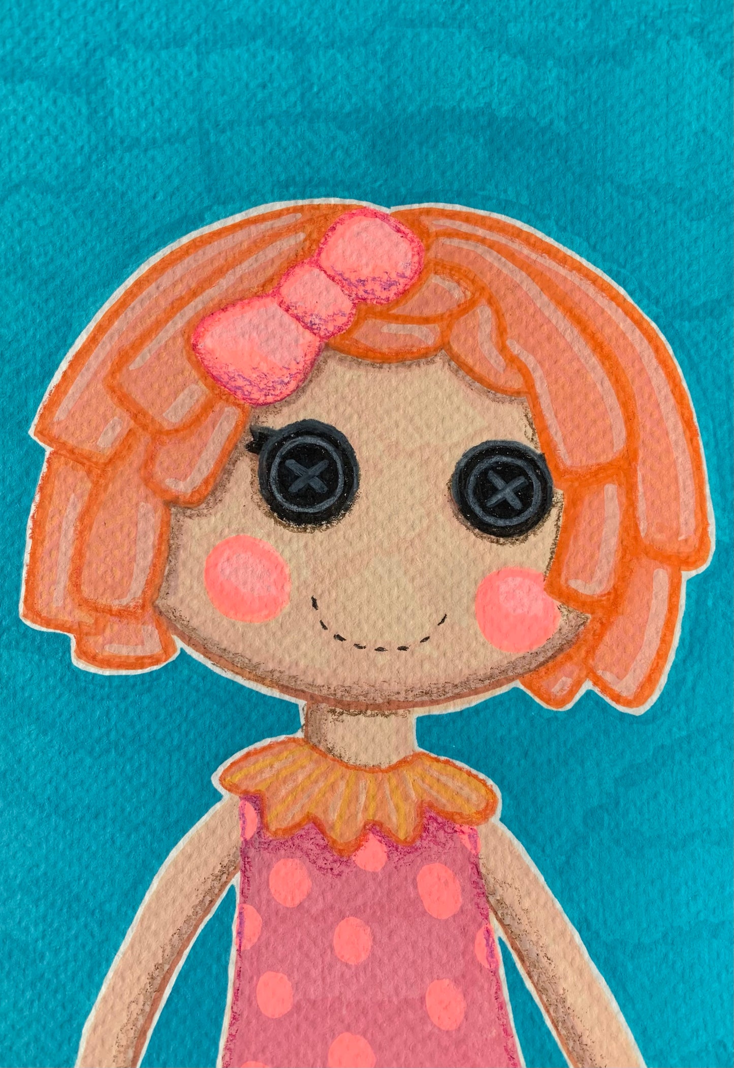 Cartoon character with orange hair and a pink dress on a blue textured background